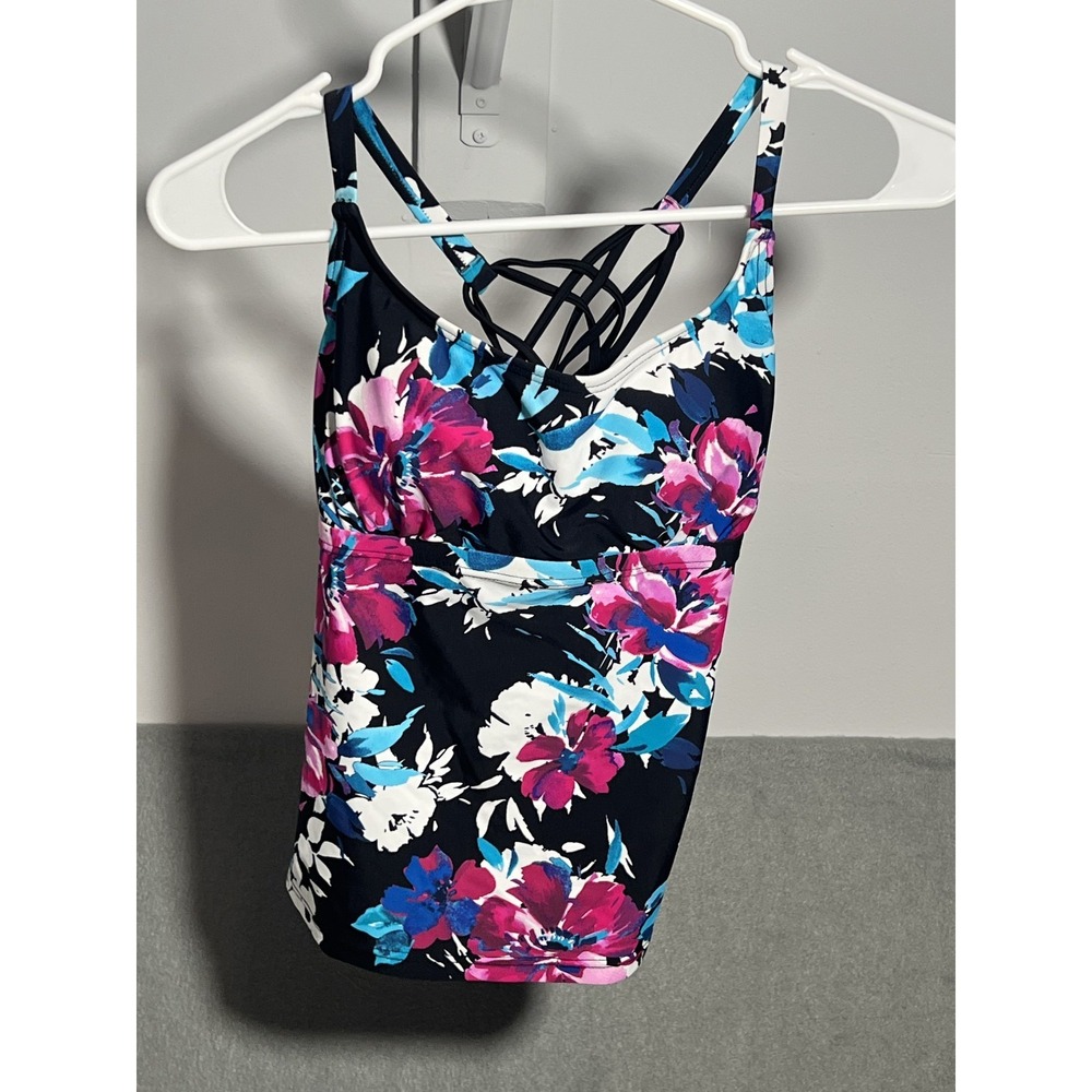 Island Waves Women's Floral Tankini Swim Top Black Pink Blue‎ White Size Small S